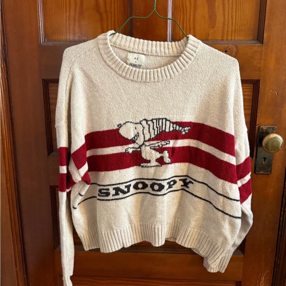 AE x Peanuts Snoopy Skating Sweater - Cream and Red
